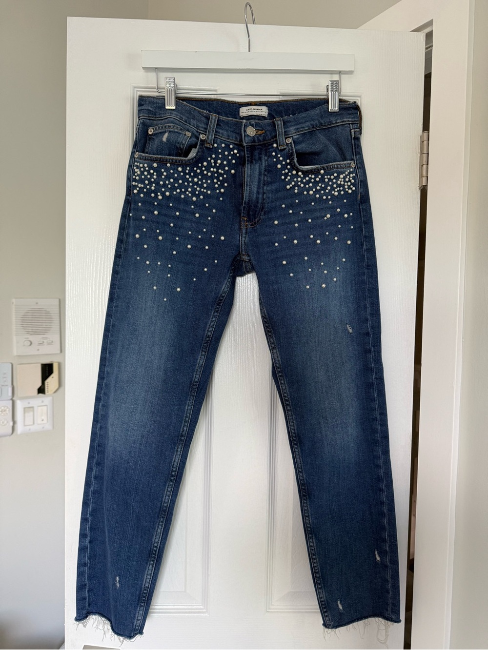 Zara Dark Blue Straight-Leg Jeans with Pearl Studs